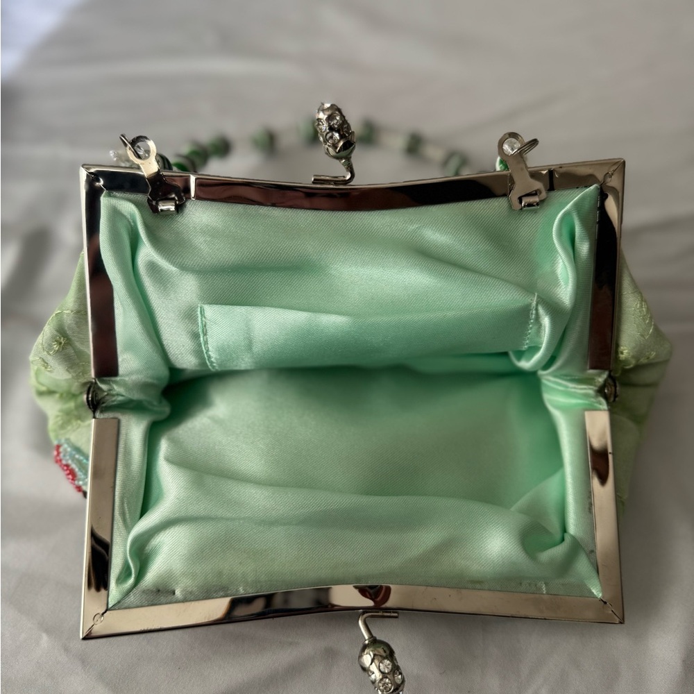 Vintage Beaded Floral Satin Purse – Mint Green Sequin Clutch Embellished - Picture 8 of 10